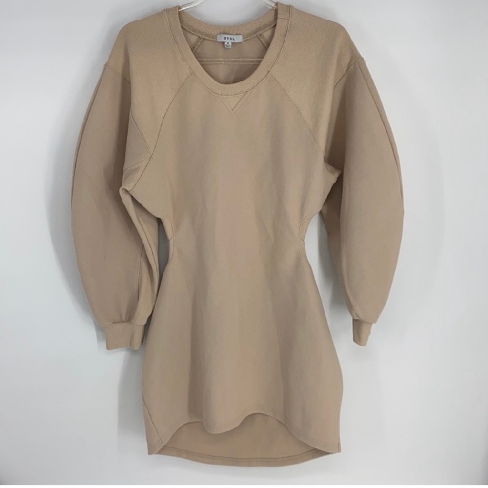 EVNL Sand Colored Sweatshirt Mini Dress Open Back Cutouts 100% Cotton Large Cozy